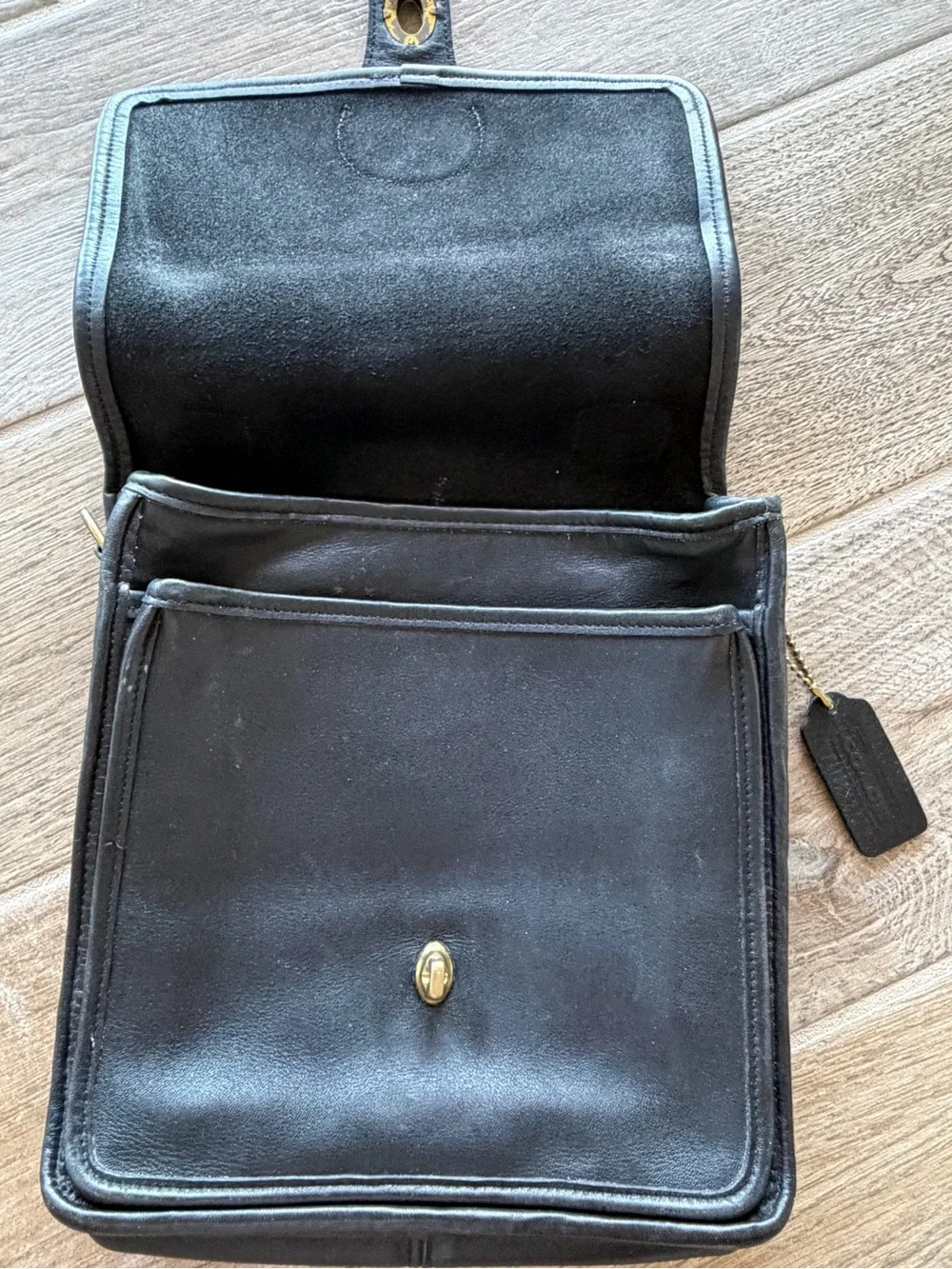Coach Vintage Station Bag Black Leather Crossbody with Brass Tone Accents